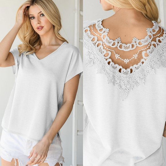 CY Fashion Tops - CY Fashion Stone Grey Crochet Back Detail V Neck Short Sleeve Top NEW